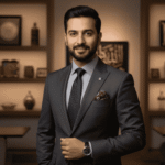 This a person wearing coat and using our product ajrak pocket square